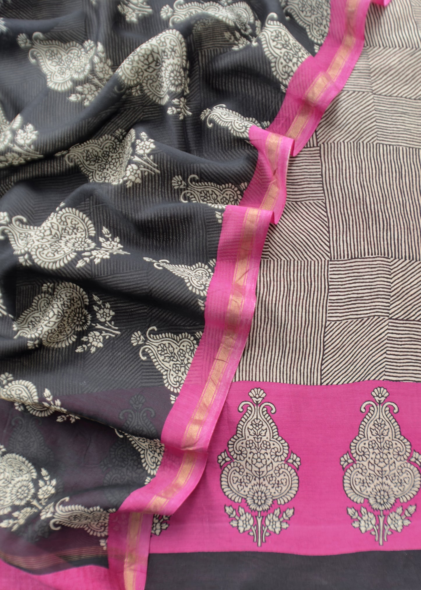 Pink With Black Pure Maheshwari Unstitched Suit Traditional Dupatta