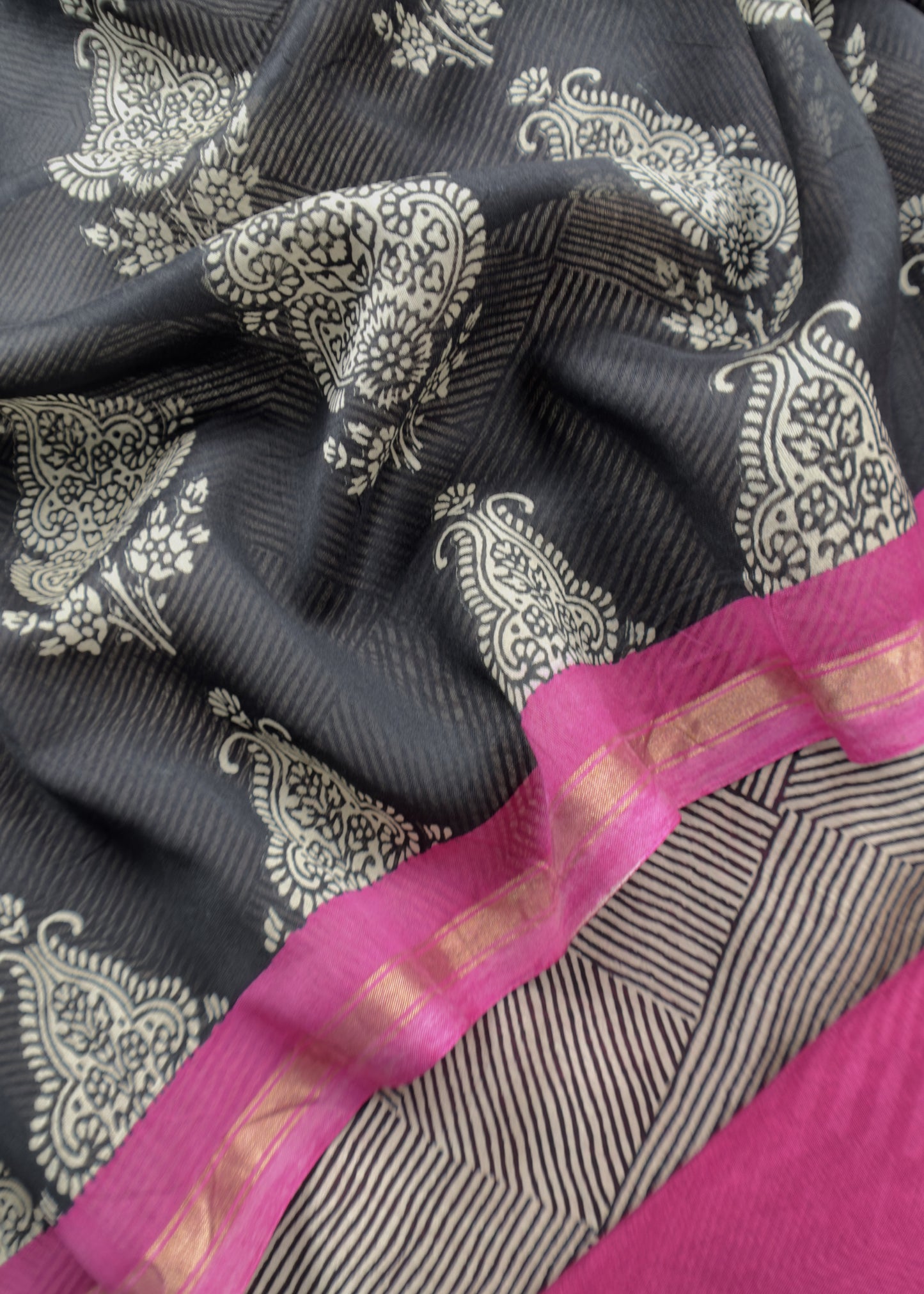 Pink With Black Pure Maheshwari Unstitched Suit Traditional Dupatta