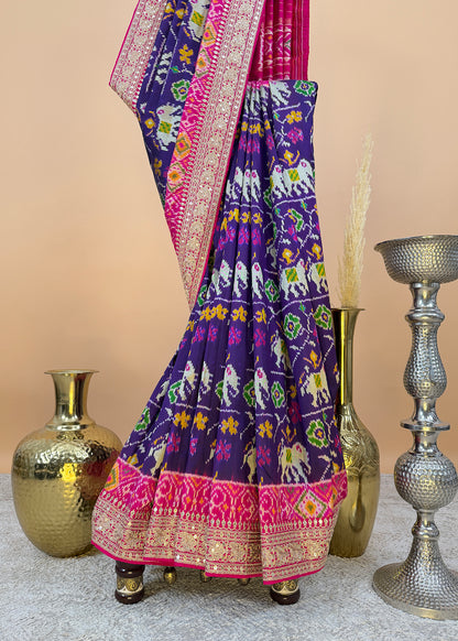 Pink With Blue Saree In Handloom Silk Adorned With Handwork Laces
