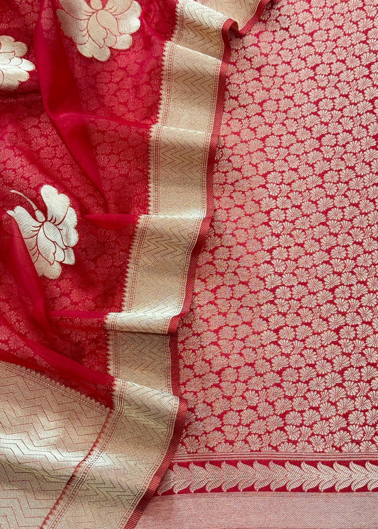 Red Designer Pure Brocade Silk Kurta And Organza Dupatta