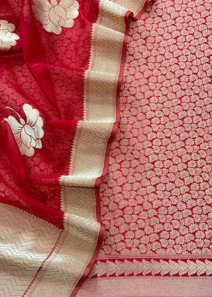 Red Designer Pure Brocade Silk Kurta And Organza Dupatta
