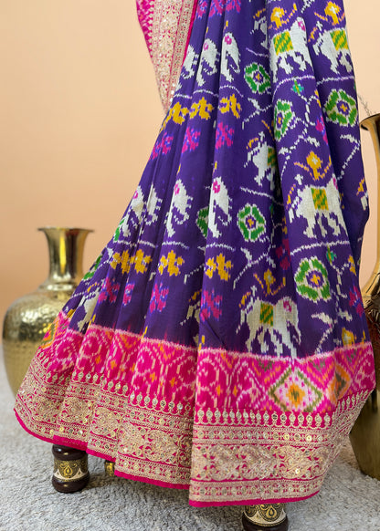 Pink With Blue Saree In Handloom Silk Adorned With Handwork Laces