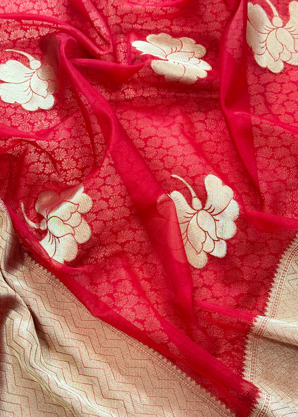 Red Designer Pure Brocade Silk Kurta And Organza Dupatta