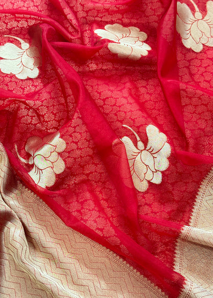 Red Designer Pure Brocade Silk Kurta And Organza Dupatta