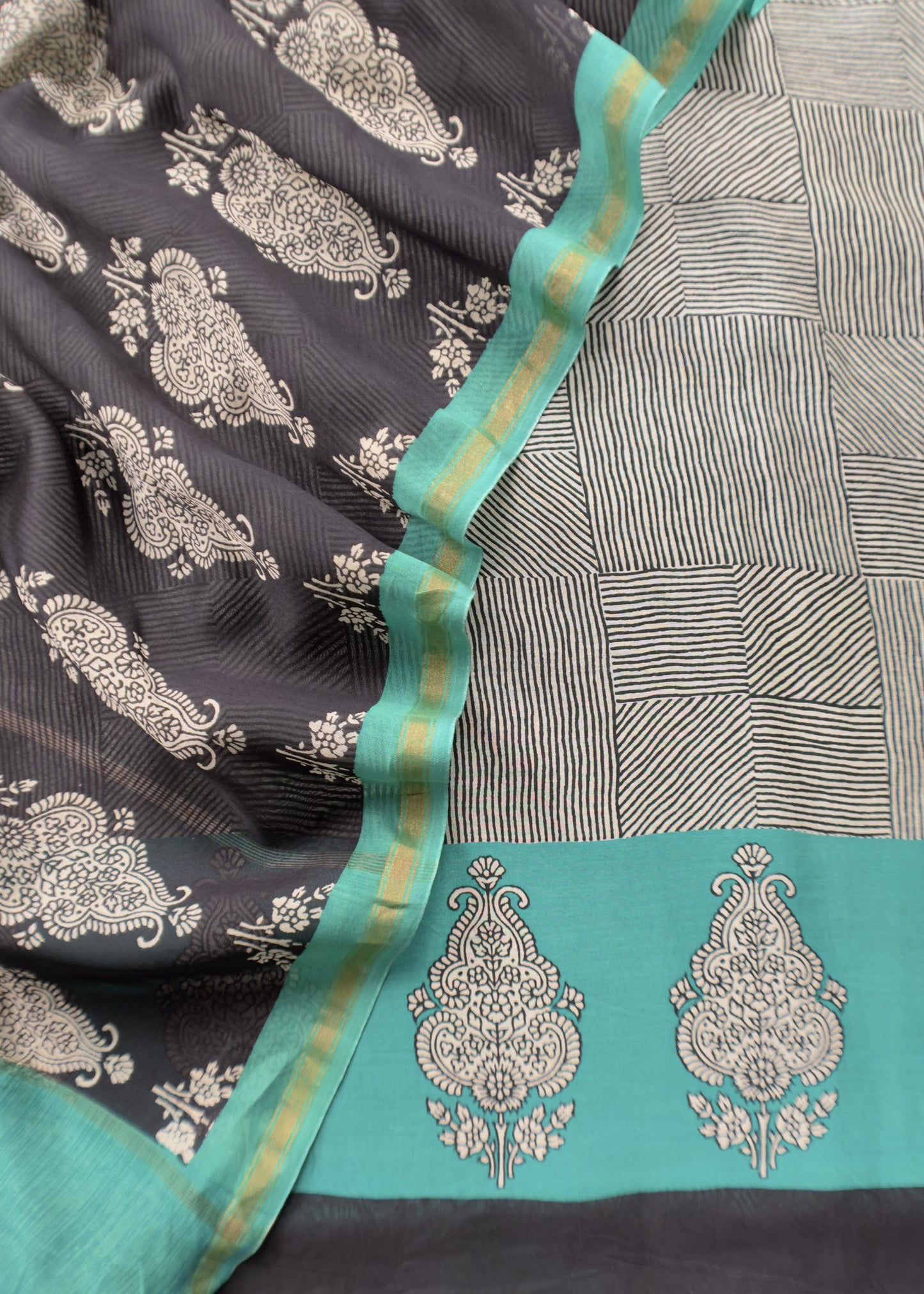 Blue With Black Pure Maheshwari Unstitched Suit Traditional Dupatta