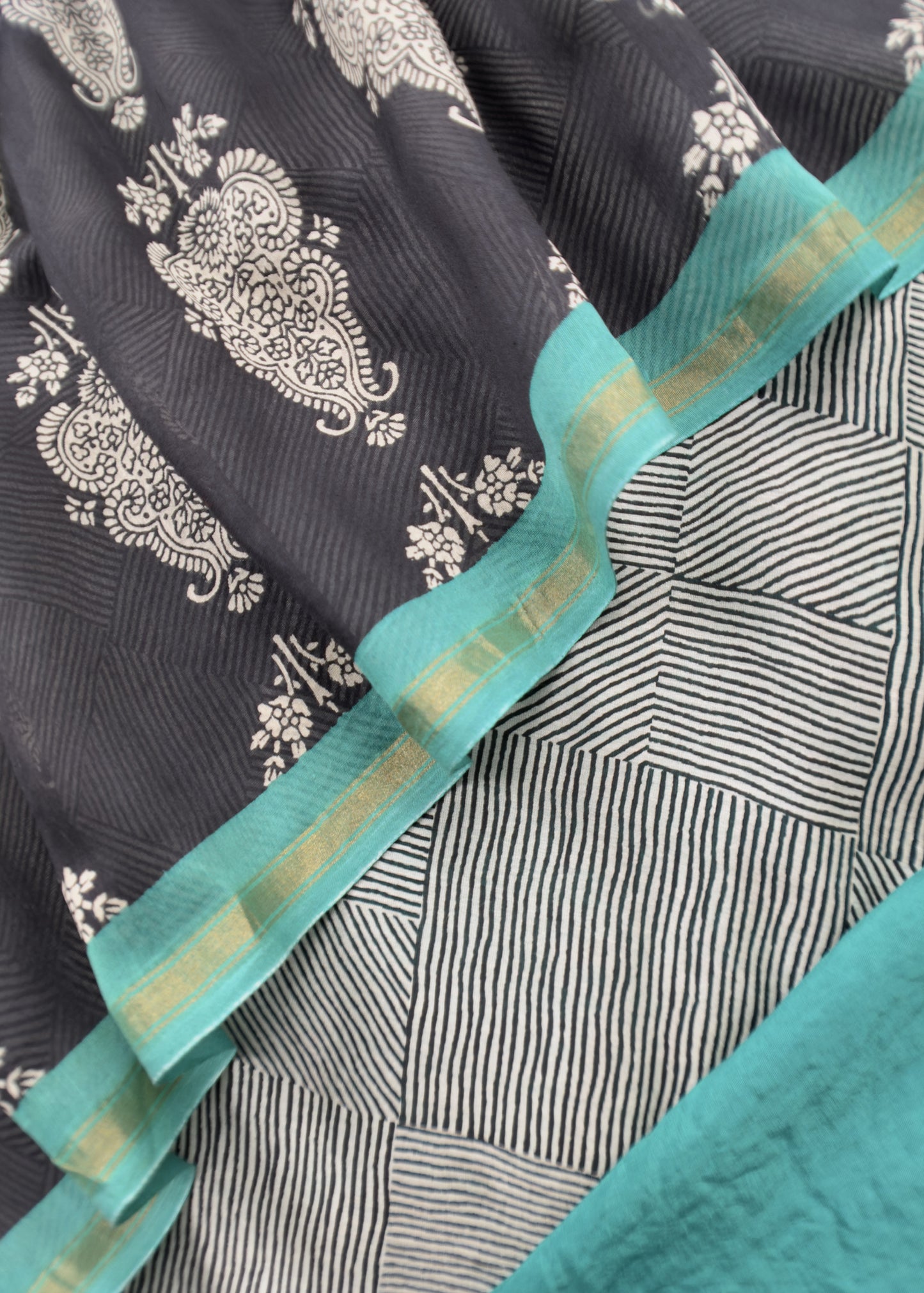 Blue With Black Pure Maheshwari Unstitched Suit Traditional Dupatta