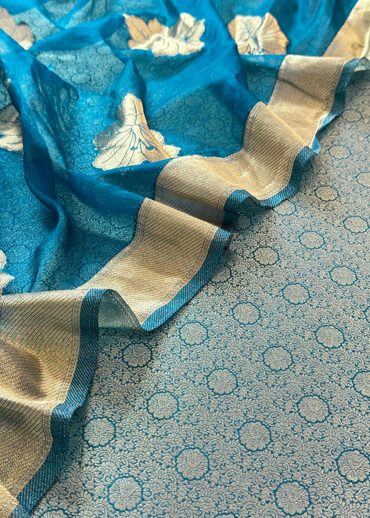 Deep Sea Blue Designer Pure Brocade Silk Kurta And Organza Dupatta
