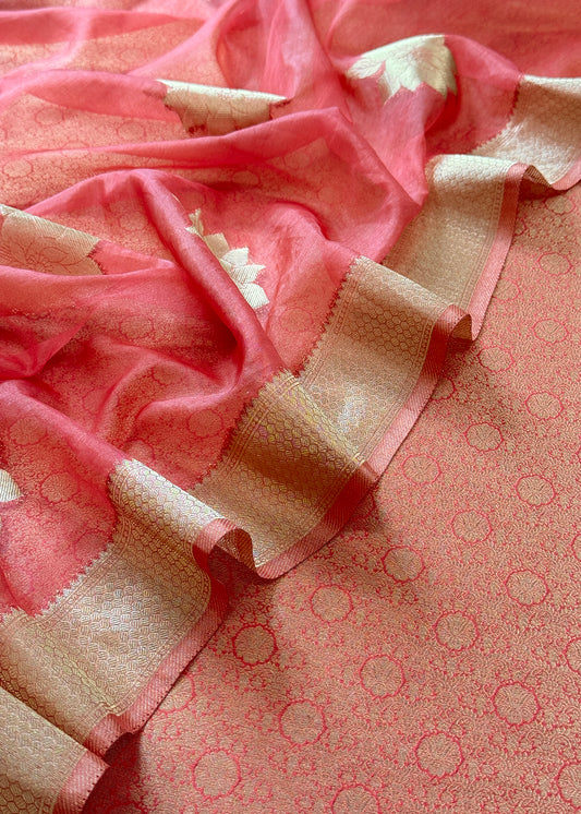 Blush Pink Designer Pure Brocade Silk Kurta And Organza Dupatta