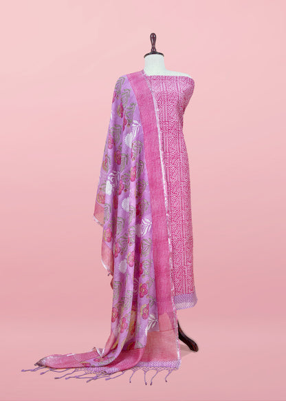 Pink Gulbahar Pure Mulmul Unstitched Suit Fabric With Jaipuri Handblock Print