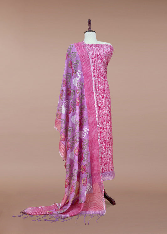 Pink Gulbahar Pure Mulmul Unstitched Suit Fabric With Jaipuri Handblock Print