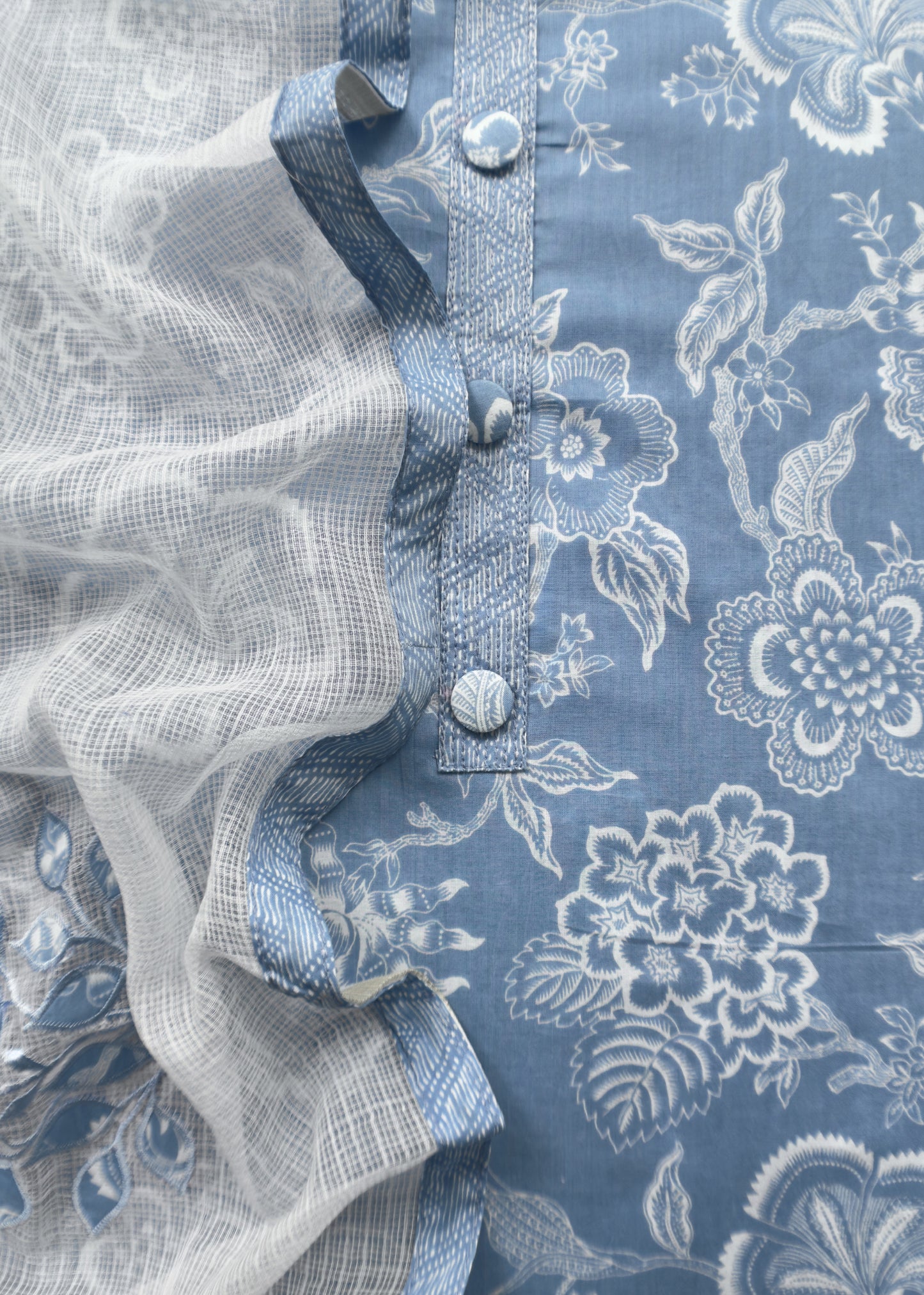 Blue Pure Cotton Suit Set With Kota Doria Dupatta And Appliqué Work