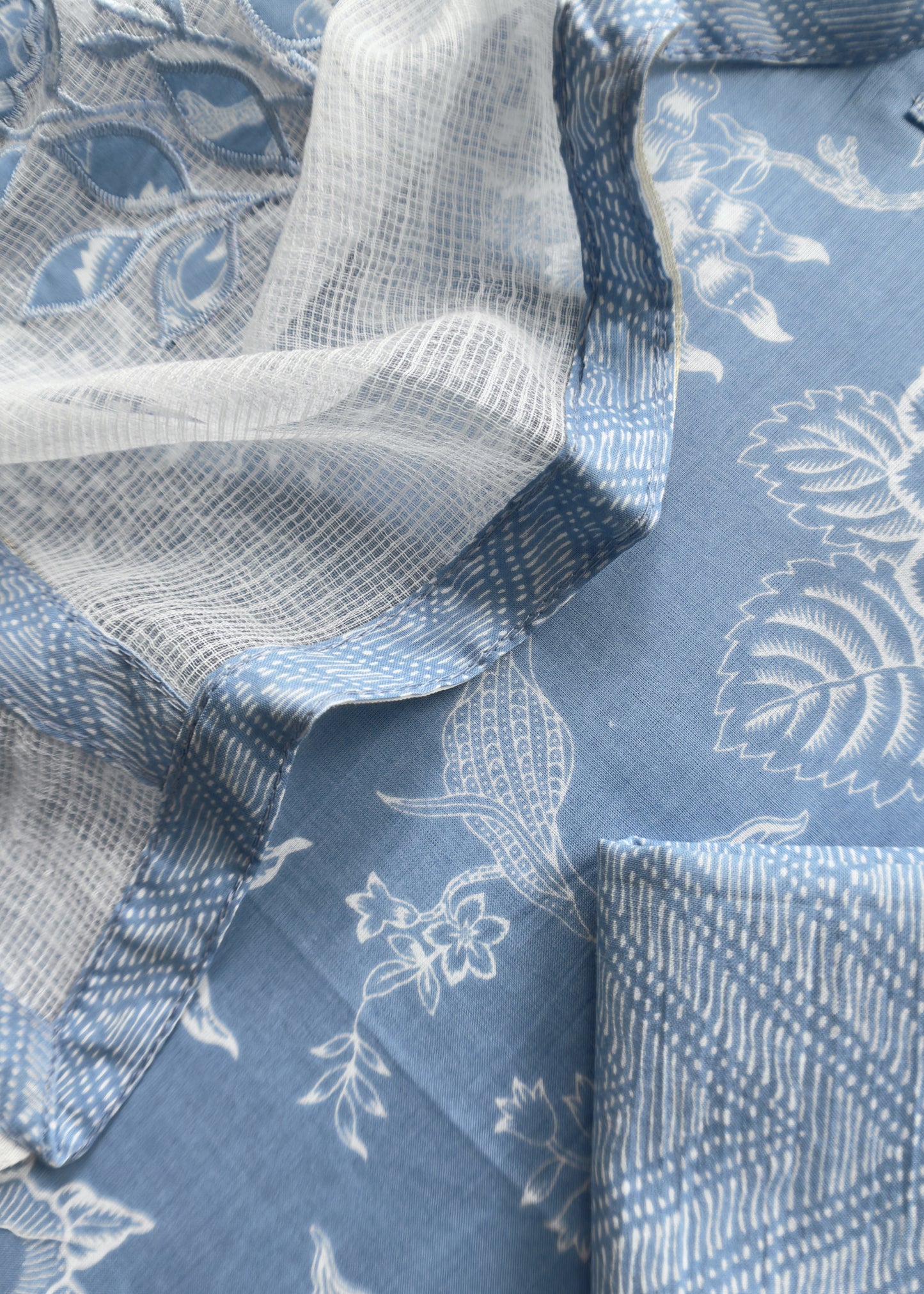 Blue Pure Cotton Suit Set With Kota Doria Dupatta And Appliqué Work