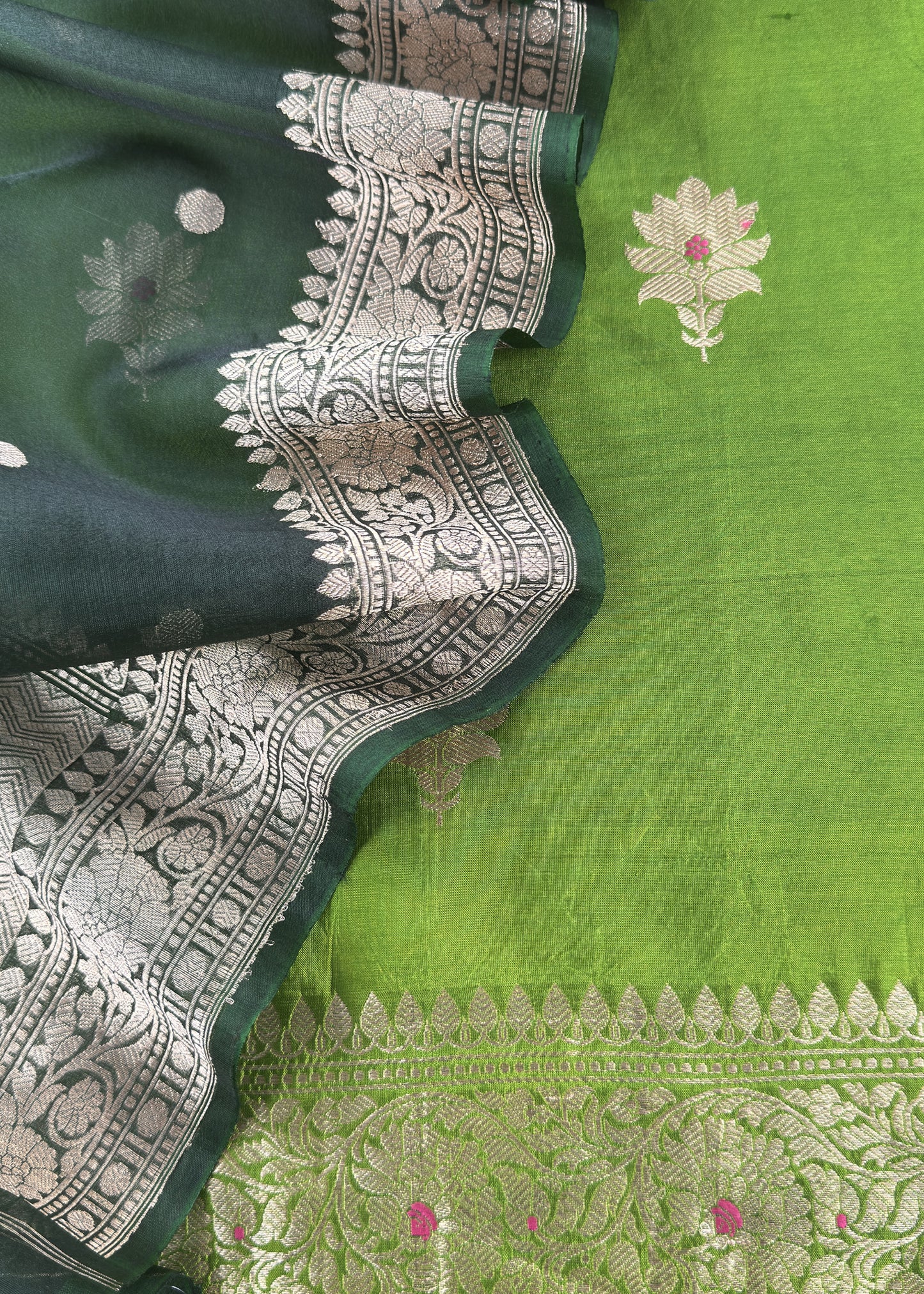 Parrot Green Handloom Banarasi Silk Kurta And Kora Silk Dupatta With Kadwa Meenakari Weaving