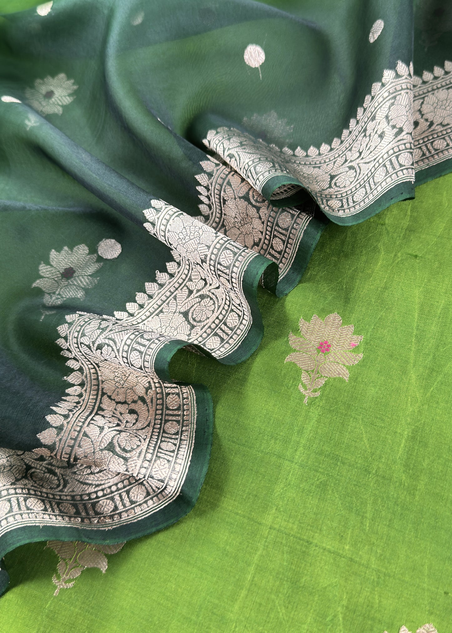 Parrot Green Handloom Banarasi Silk Kurta And Kora Silk Dupatta With Kadwa Meenakari Weaving