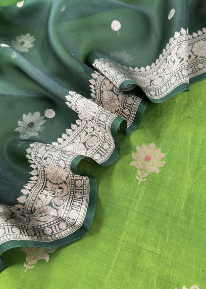 Parrot Green Handloom Banarasi Silk Kurta And Kora Silk Dupatta With Kadwa Meenakari Weaving