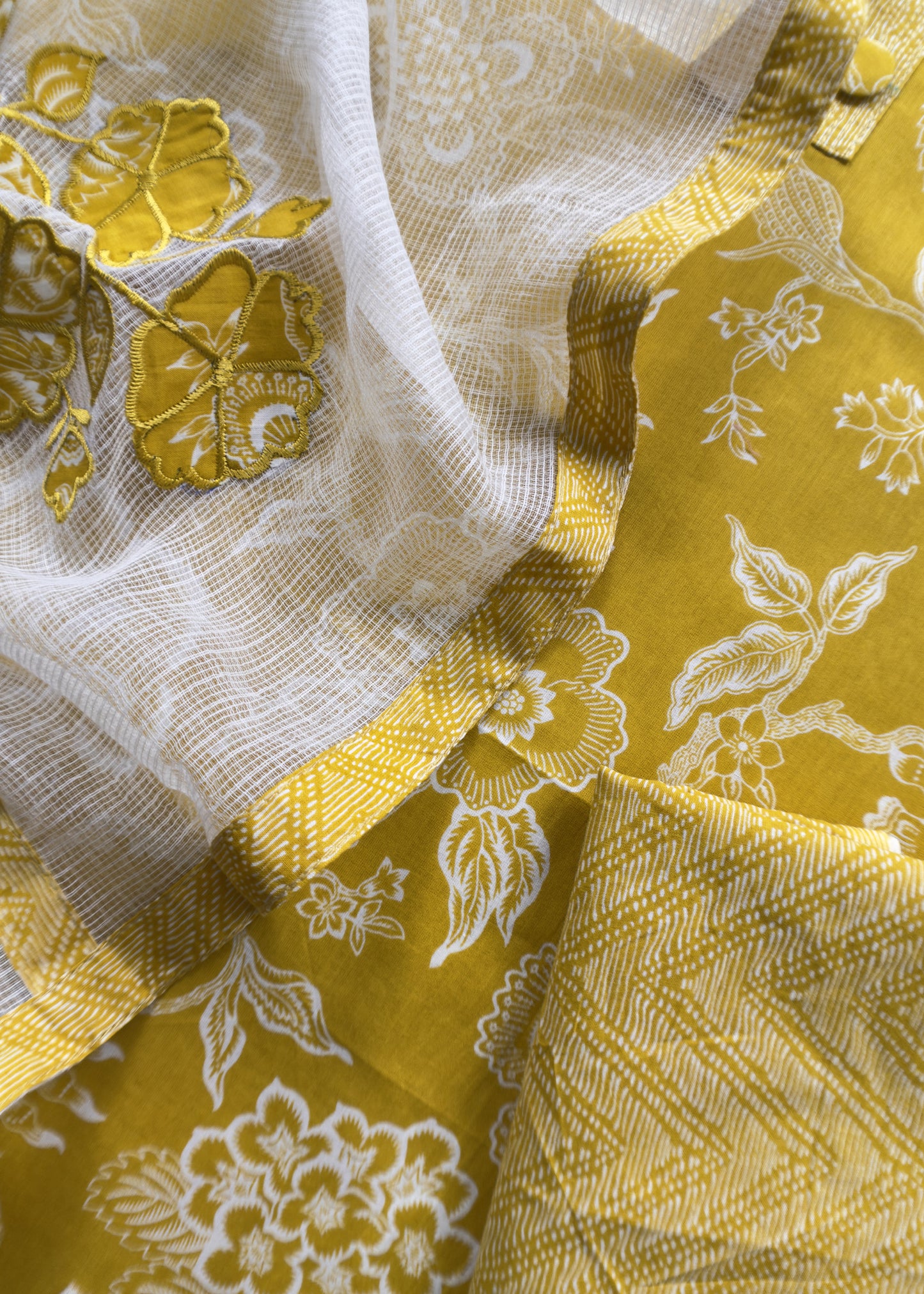 Yellow Pure Cotton Suit Set With Kota Doria Dupatta And Appliqué Work