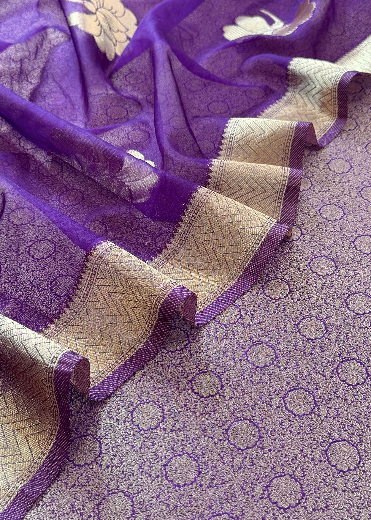 Light Purple Designer Pure Brocade Silk Kurta And Organza Dupatta