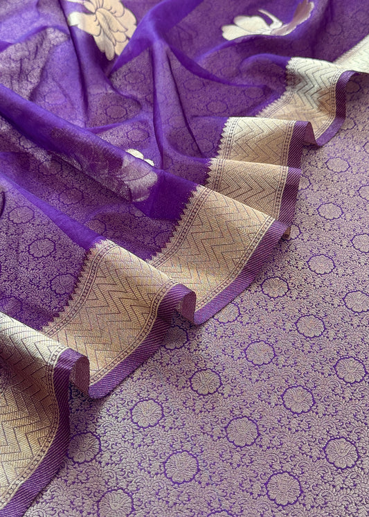 Light Purple Designer Pure Brocade Silk Kurta And Organza Dupatta