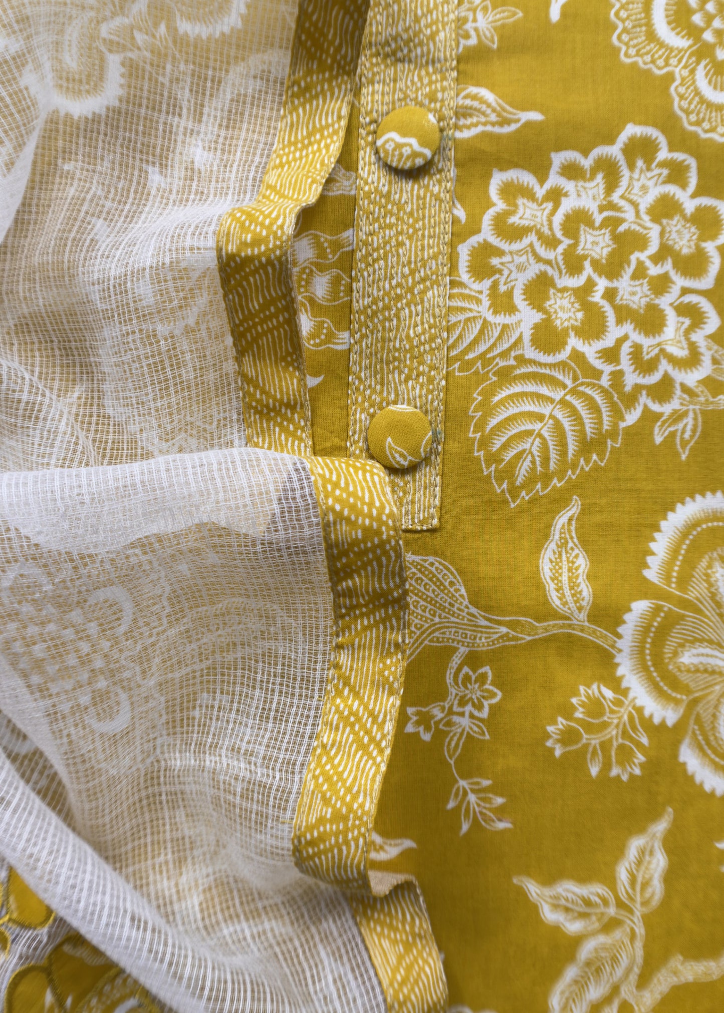 Yellow Pure Cotton Suit Set With Kota Doria Dupatta And Appliqué Work