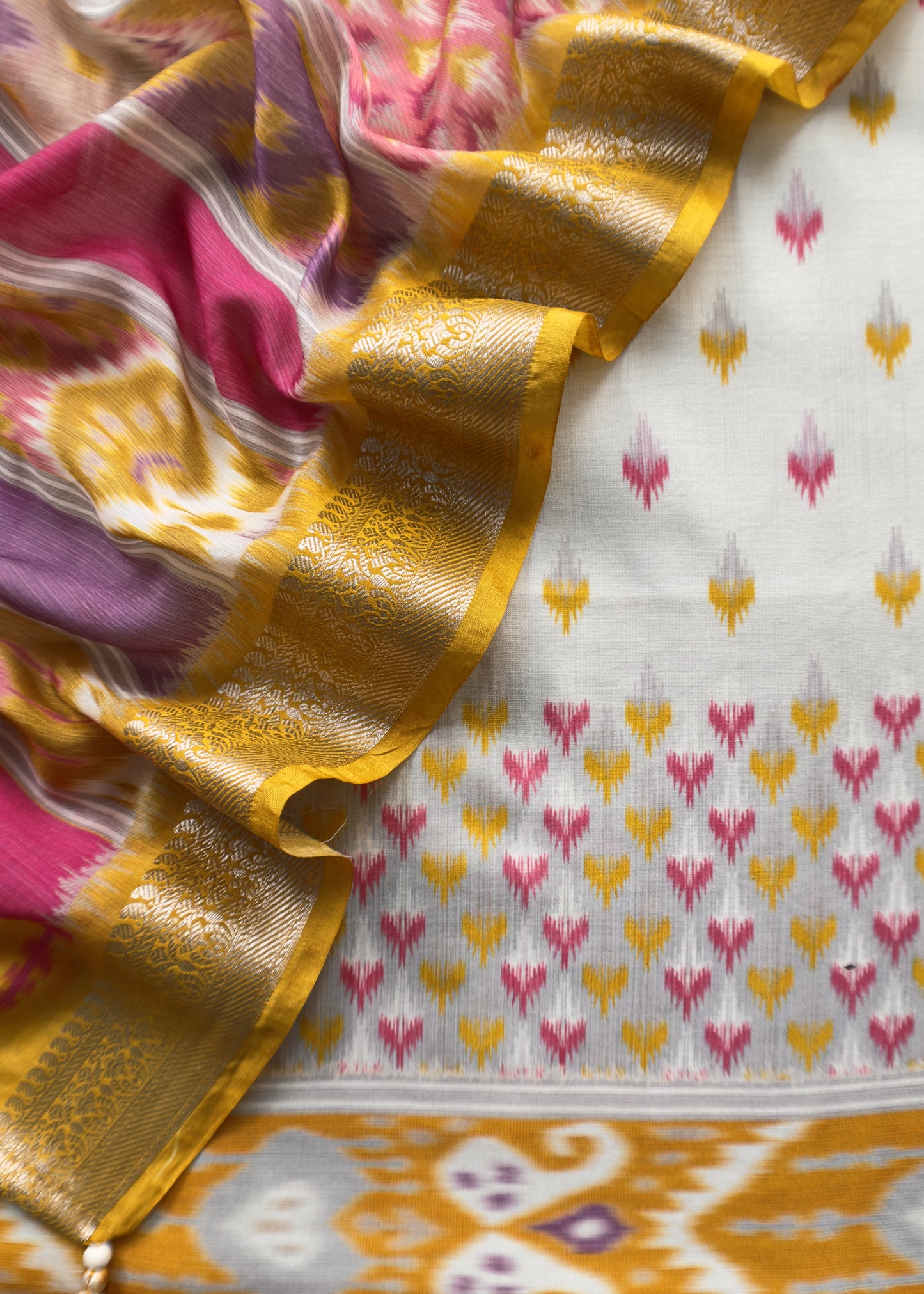 Chrome Yellow Handloom Ikkat Chanderi Suit Fabric With Maheshwari Border