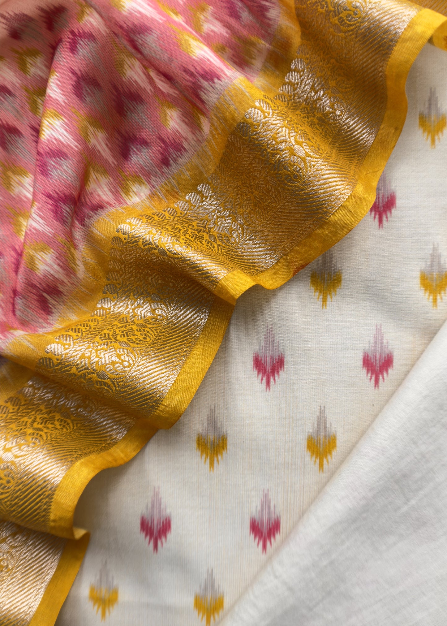 Chrome Yellow Handloom Ikkat Chanderi Suit Fabric With Maheshwari Border