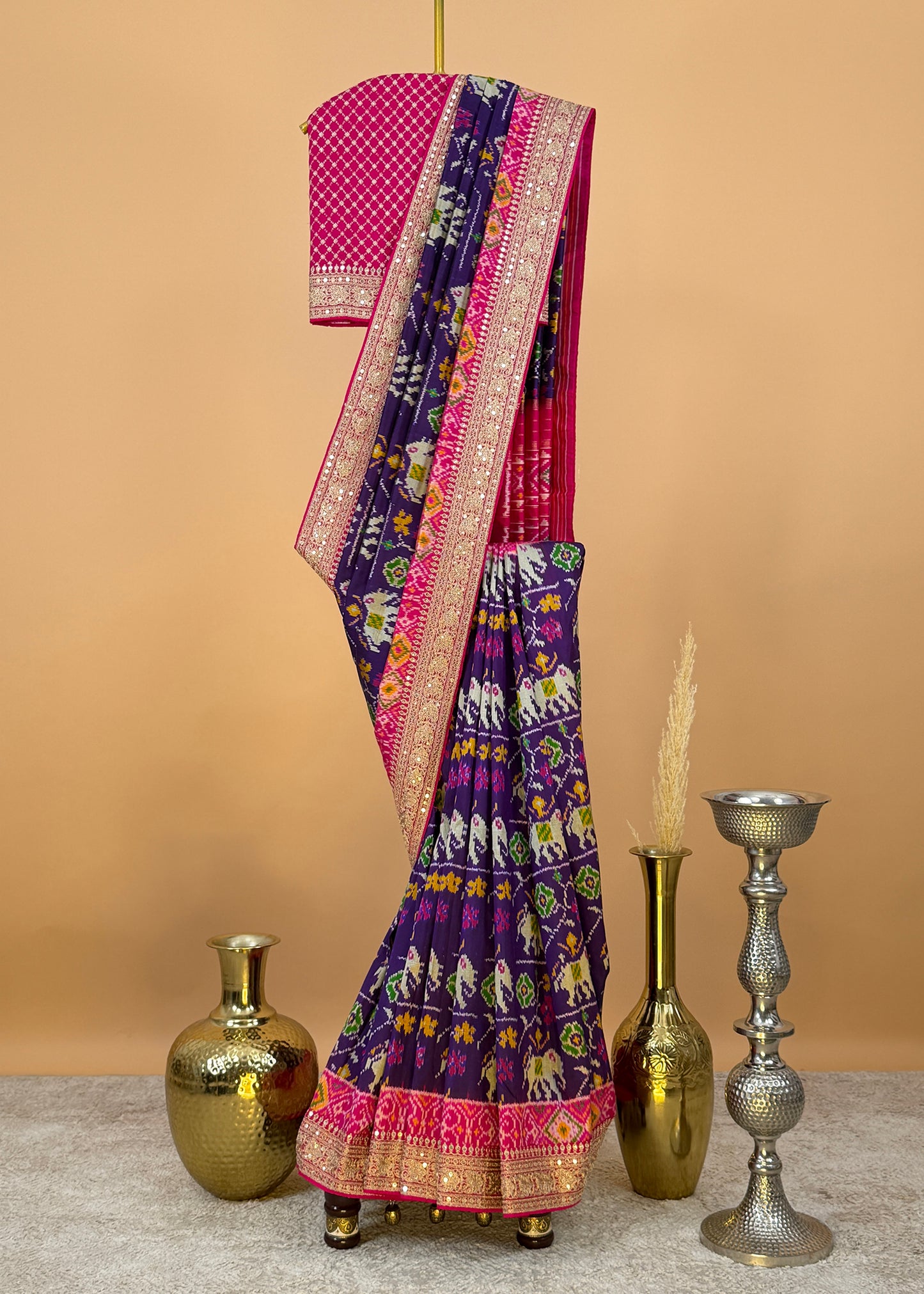 Pink With Blue Saree In Handloom Silk Adorned With Handwork Laces