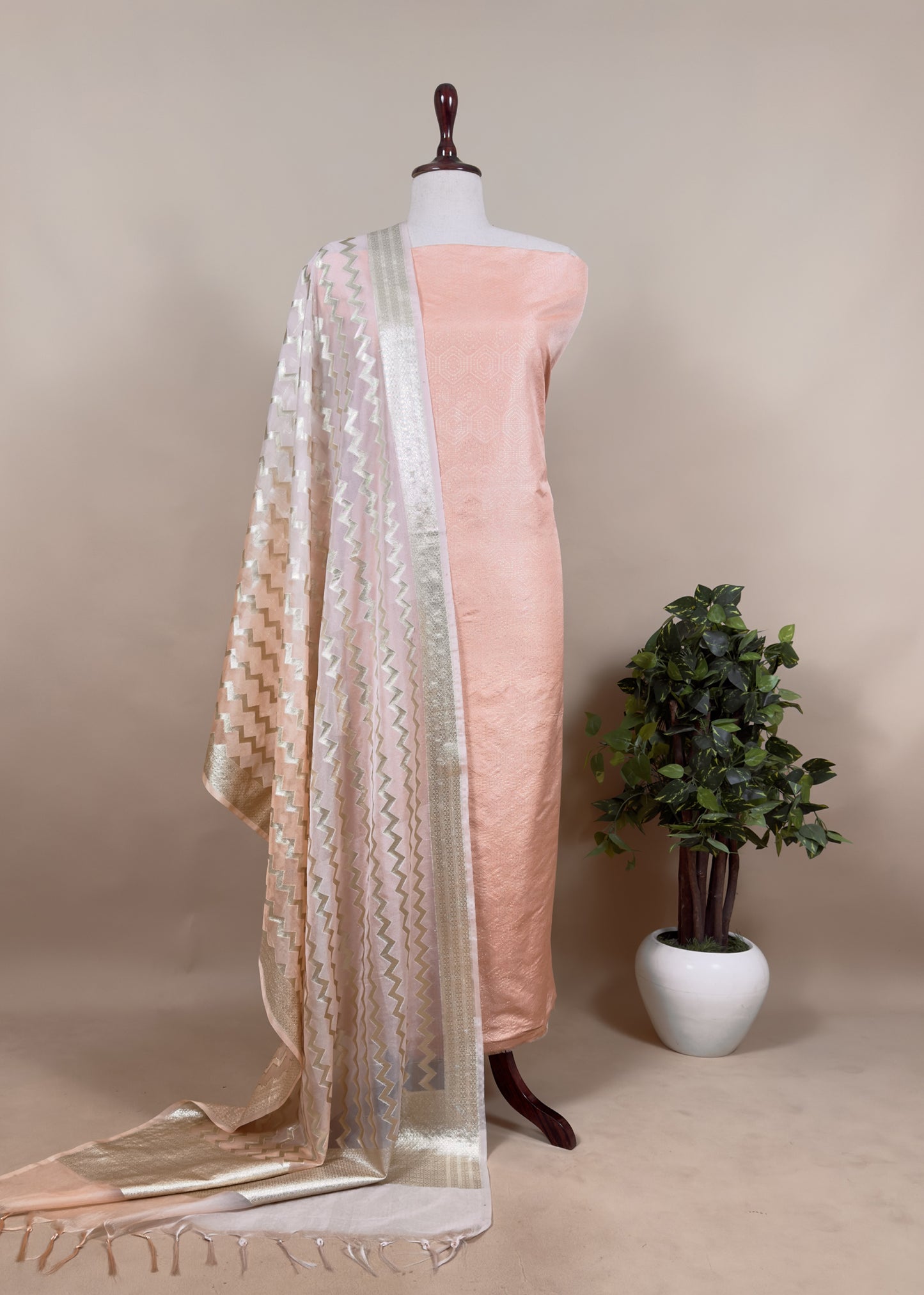 Peach Banarasi Suit With Organza Dupatta