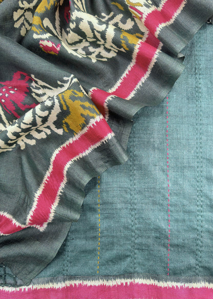 Dark Green Patola Handloom Munga Tussar Suit Fabric With Kantha Stitch Embroidery