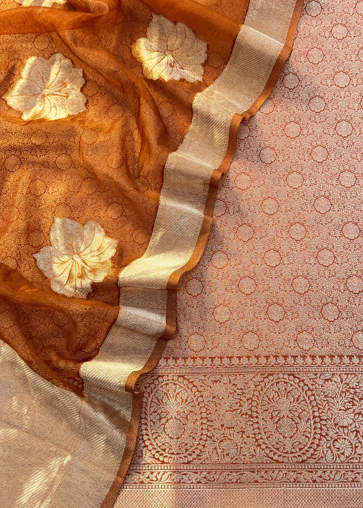 Ochre Brown Designer Pure Brocade Silk Kurta And Organza Dupatta