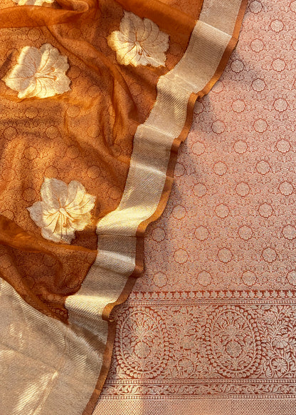 Ochre Brown Designer Pure Brocade Silk Kurta And Organza Dupatta