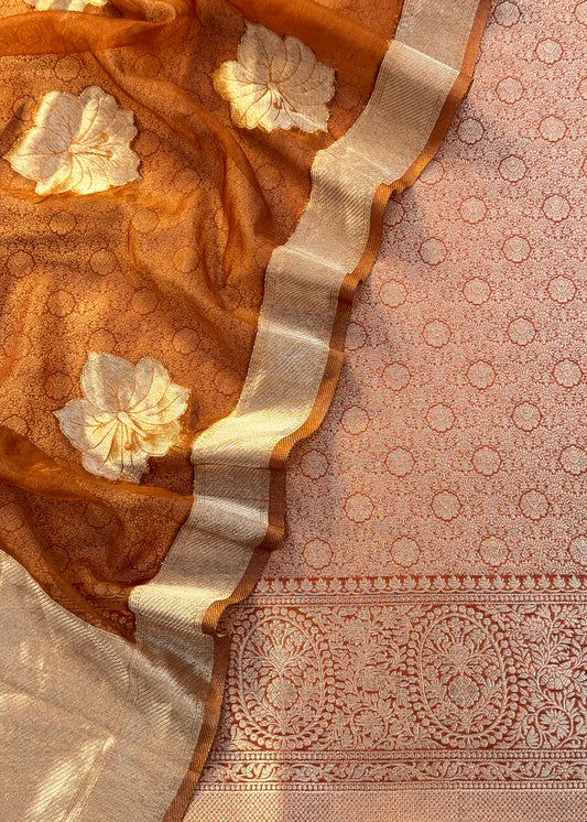 Ochre Brown Designer Pure Brocade Silk Kurta And Organza Dupatta