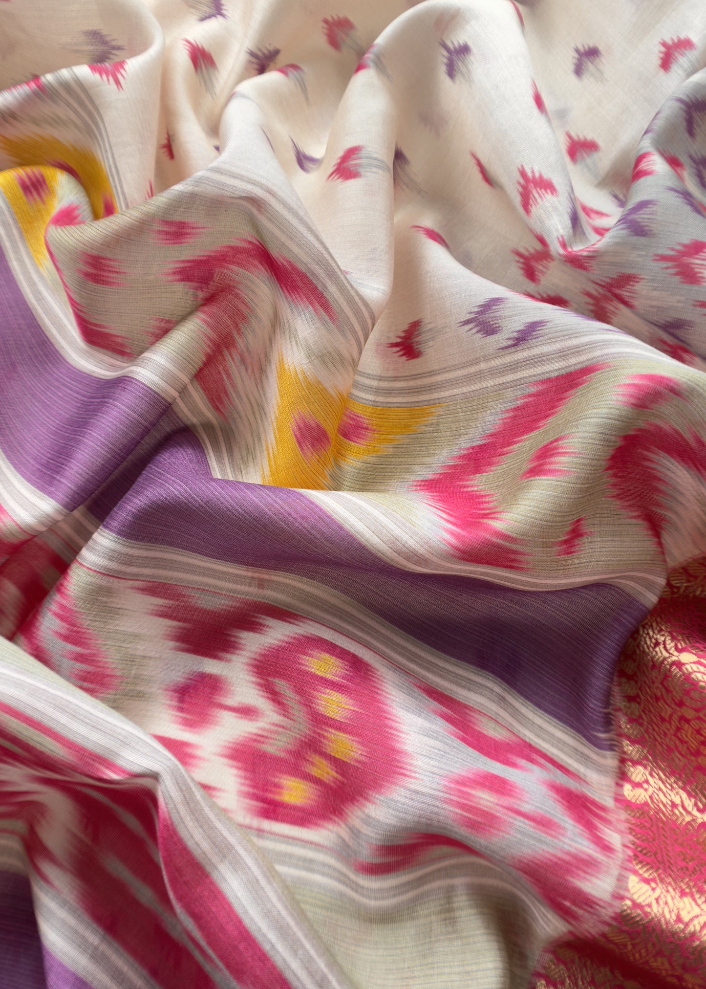 Pink Punch Handloom Ikkat Chanderi Suit Fabric With Maheshwari Border