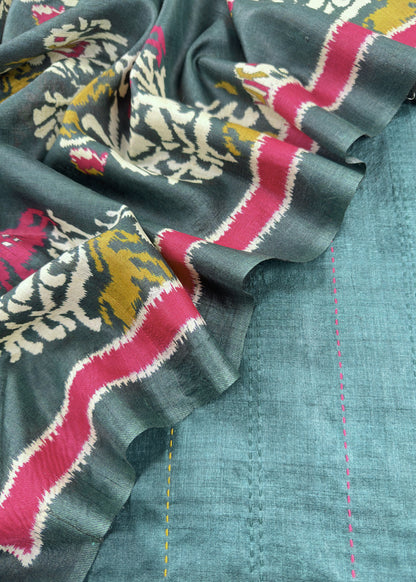 Dark Green Patola Handloom Munga Tussar Suit Fabric With Kantha Stitch Embroidery