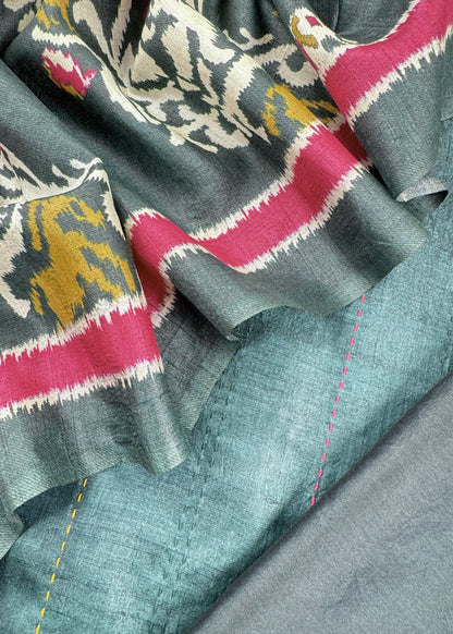 Dark Green Patola Handloom Munga Tussar Suit Fabric With Kantha Stitch Embroidery