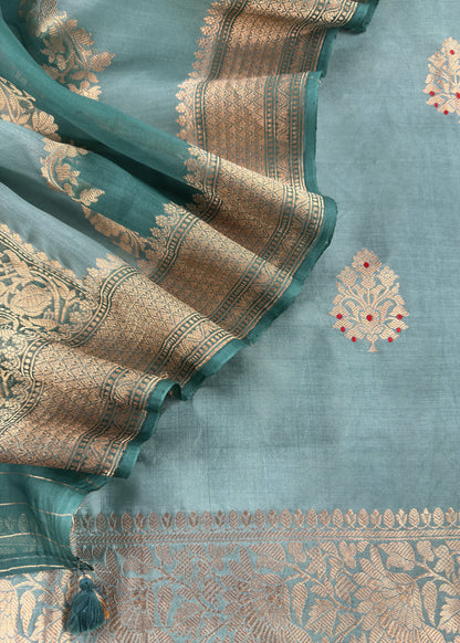 Pastel Blue Handloom Silk Kurta And Rangkaat Kora Silk Dupatta With Meenakari Kadwa Weaving