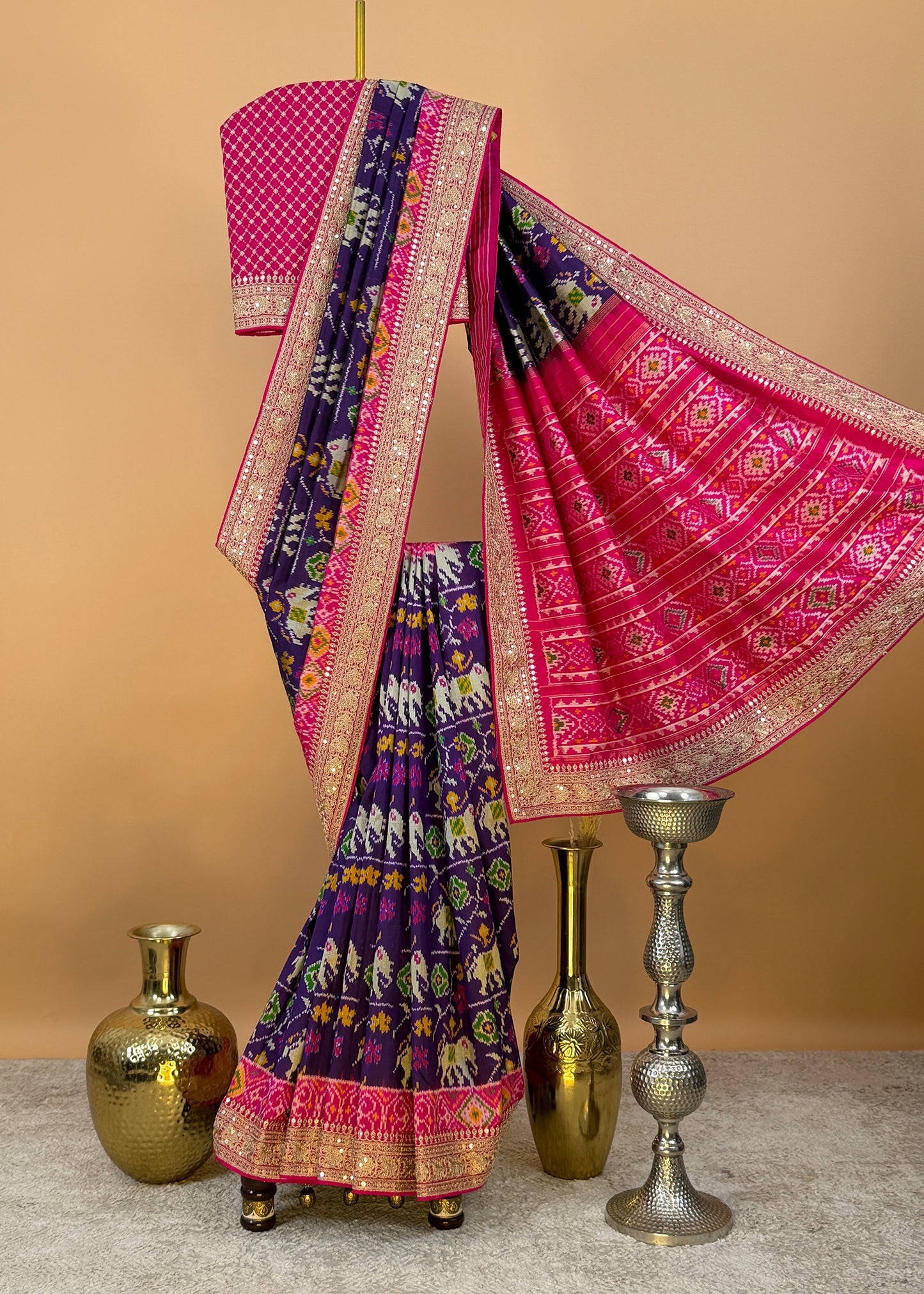 Pink With Blue Saree In Handloom Silk Adorned With Handwork Laces