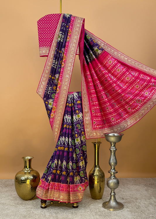 Pink With Blue Saree In Handloom Silk Adorned With Handwork Laces