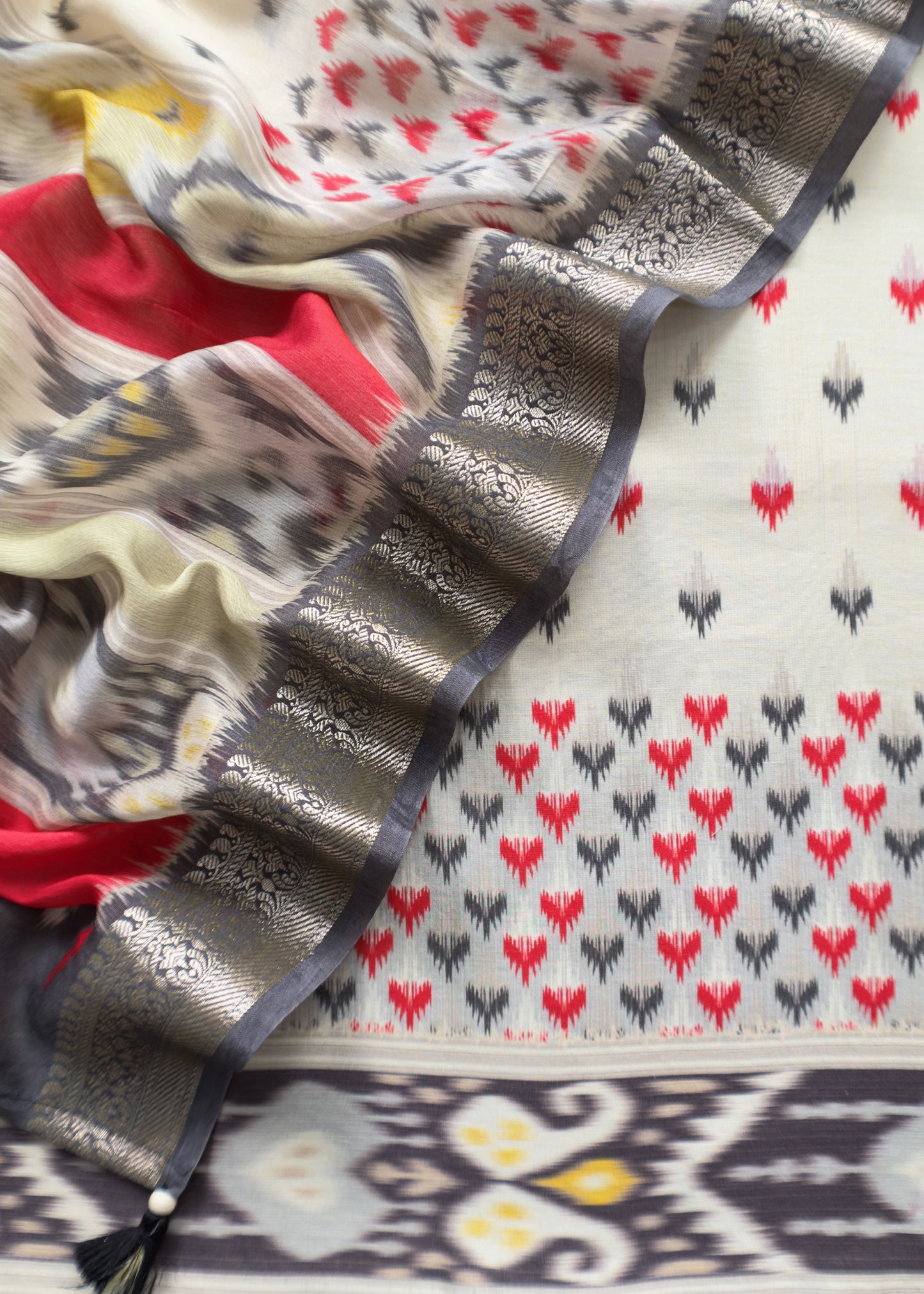 White And Red  Handloom Ikkat Chanderi Suit Fabric With Maheshwari Border