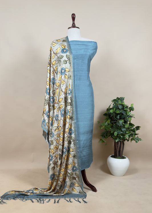 Turquoise Blue Handloom Raw Silk Suit With kalamkari Dupatta