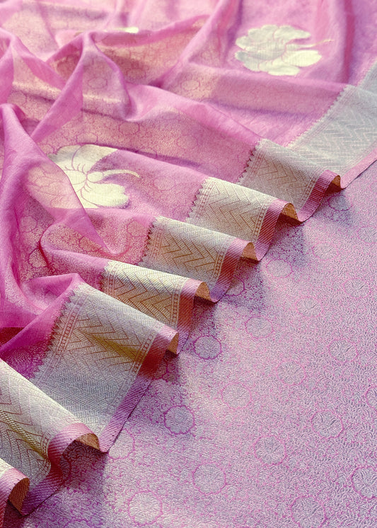 Lavender Designer Pure Brocade Silk Kurta And Organza Dupatta