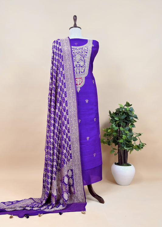 Royal Purple Handloom Raw Silk Kurta and Pure Bandhani Georgette Khaddi Gharchola dupatta with Handwork