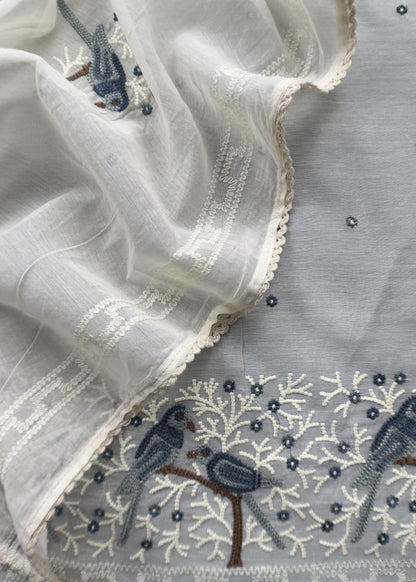 Light Grey Pure Mul Chanderi Suit With Chidiya French Thread Embroidery