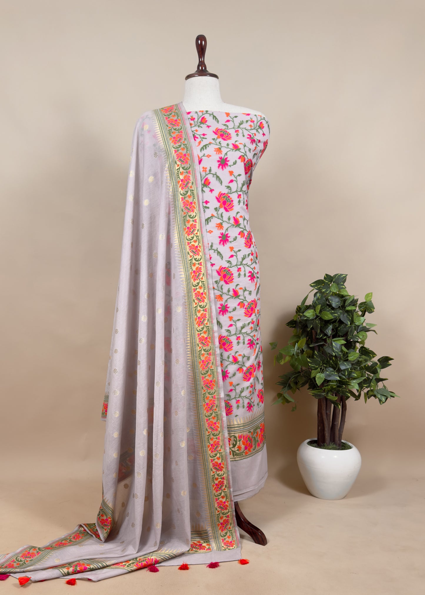 Off White Handloom Banarasi Suit With Paithani Weaving