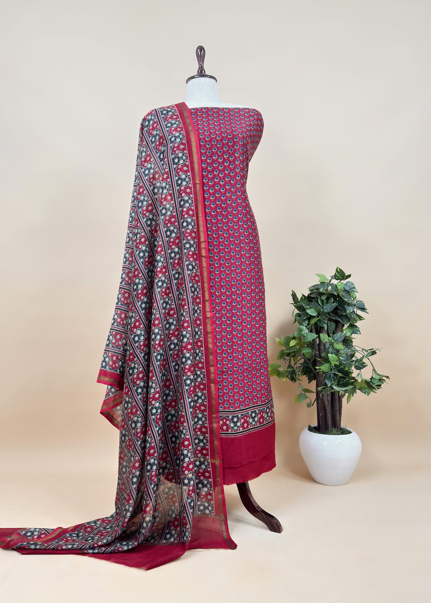 Red Ajrakh Blockprint Handloom Maheshwari Silk Suit Fabric
