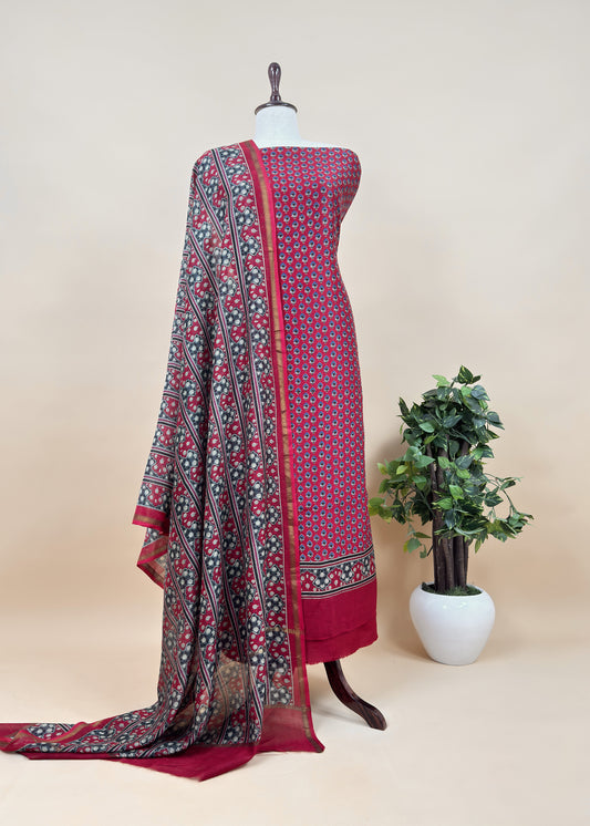Red Ajrakh Blockprint Handloom Maheshwari Silk Suit Fabric