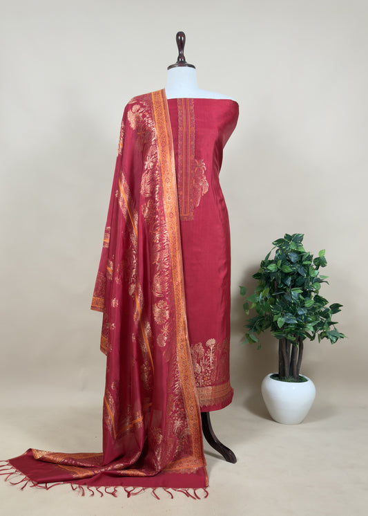 Maroon Premium Kani Silk Suit With Kani Zari Weaving