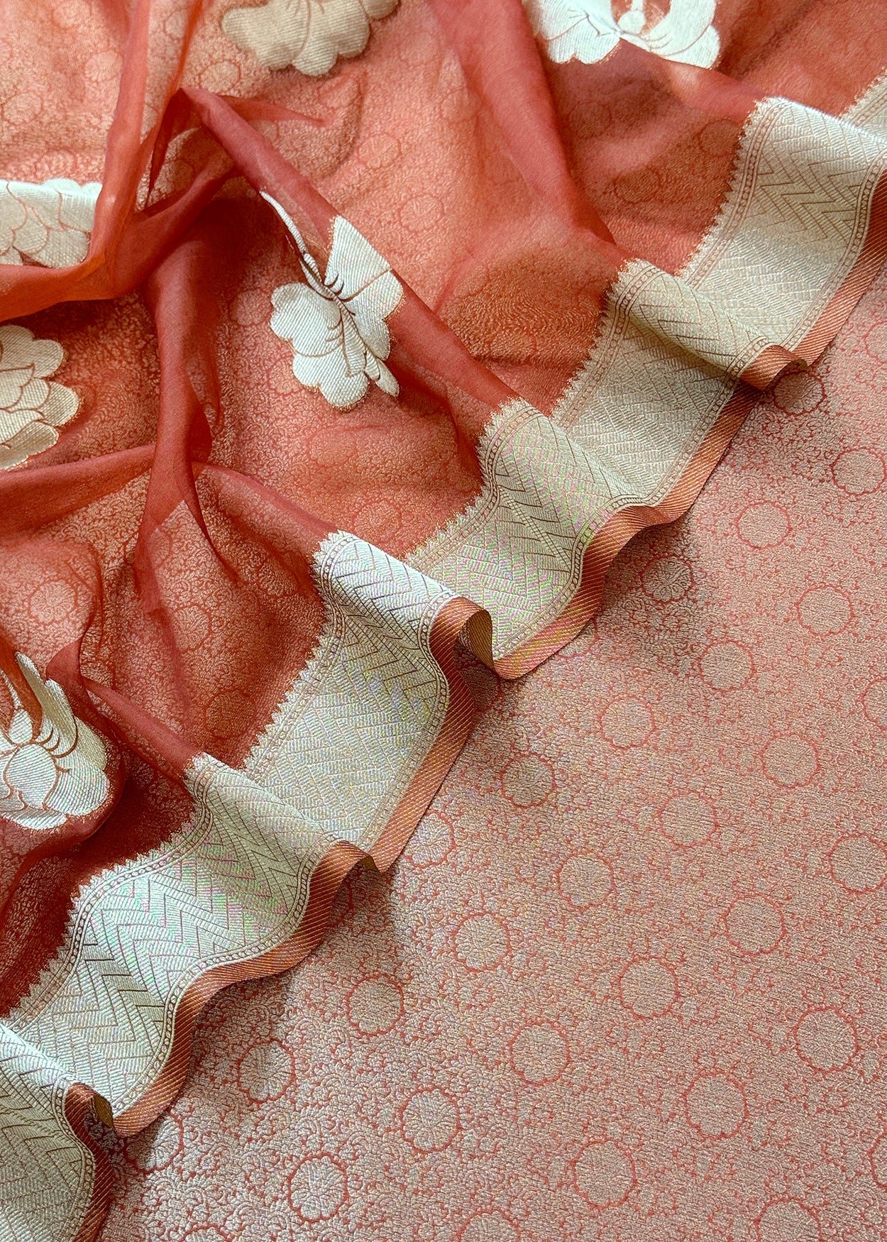 Rust Designer Pure Brocade Silk Kurta And Organza Dupatta