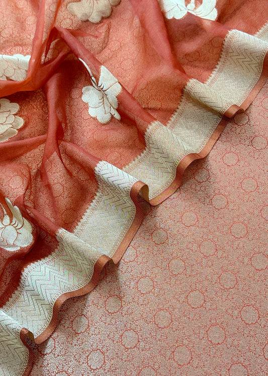 Rust Designer Pure Brocade Silk Kurta And Organza Dupatta