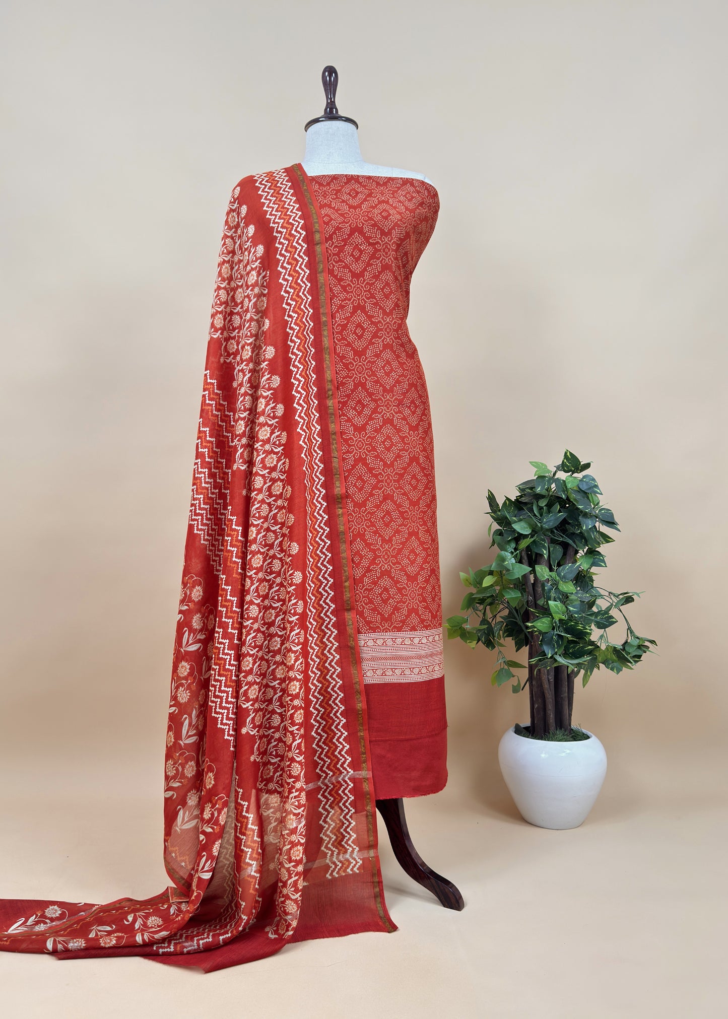 Orange Block Print Handloom Maheshwari Silk Suit Fabric