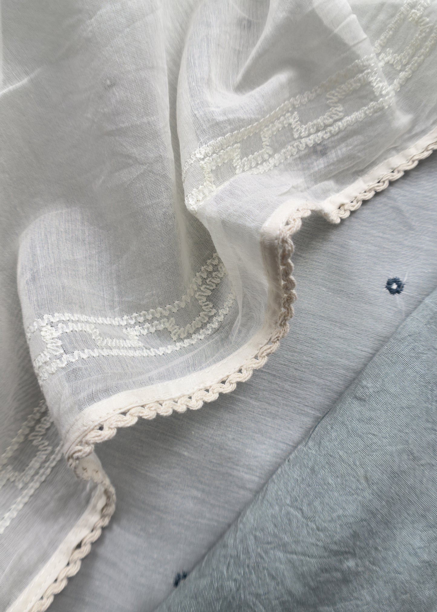 Light Grey Pure Mul Chanderi Suit With Chidiya French Thread Embroidery